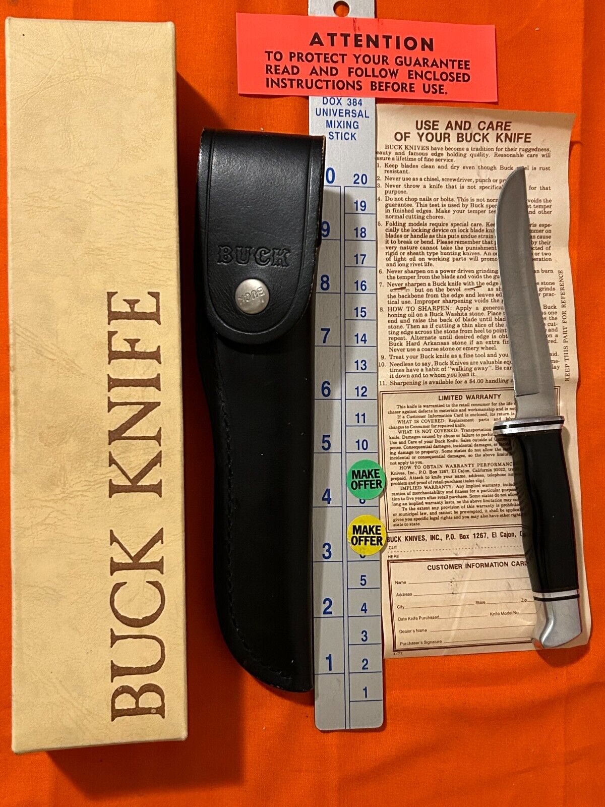 BUCK 105 PATHFINDER HUNTING KNIFE PRE DATE CODE 3 LINE STAMP 1972-1986 W/ SHEATH