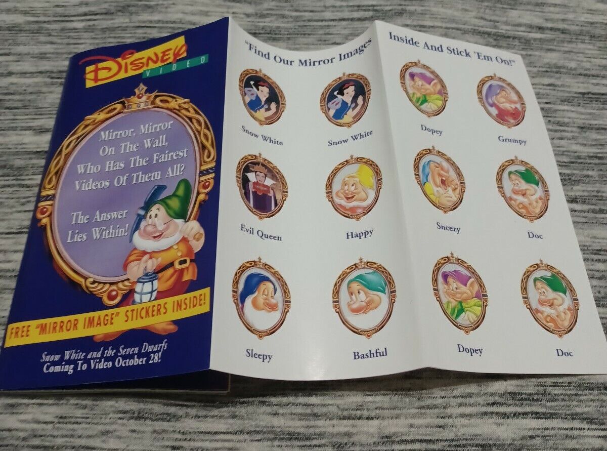 Vintage Walt Disney Video Brochure Mirror Image Stickers Booklet SnowWhite Promo