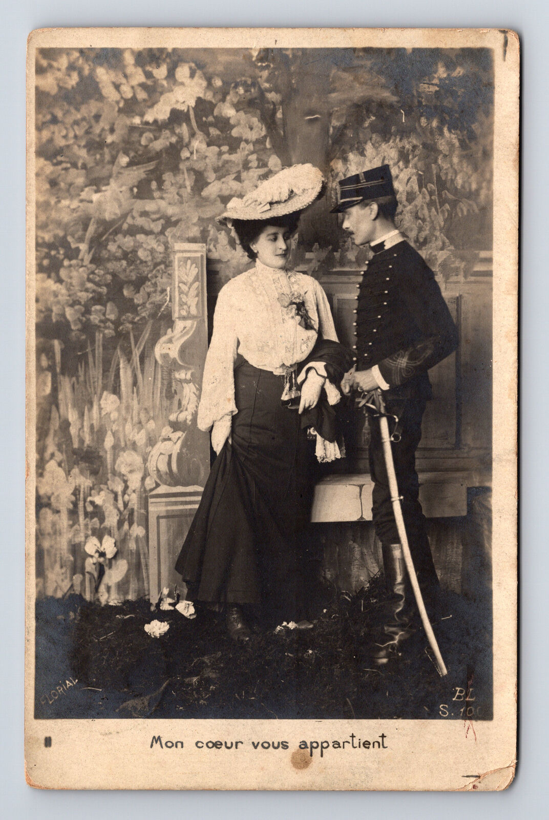 c1905 RPPC French Romance Woman & Soldier My Heart Belongs To You Postcard