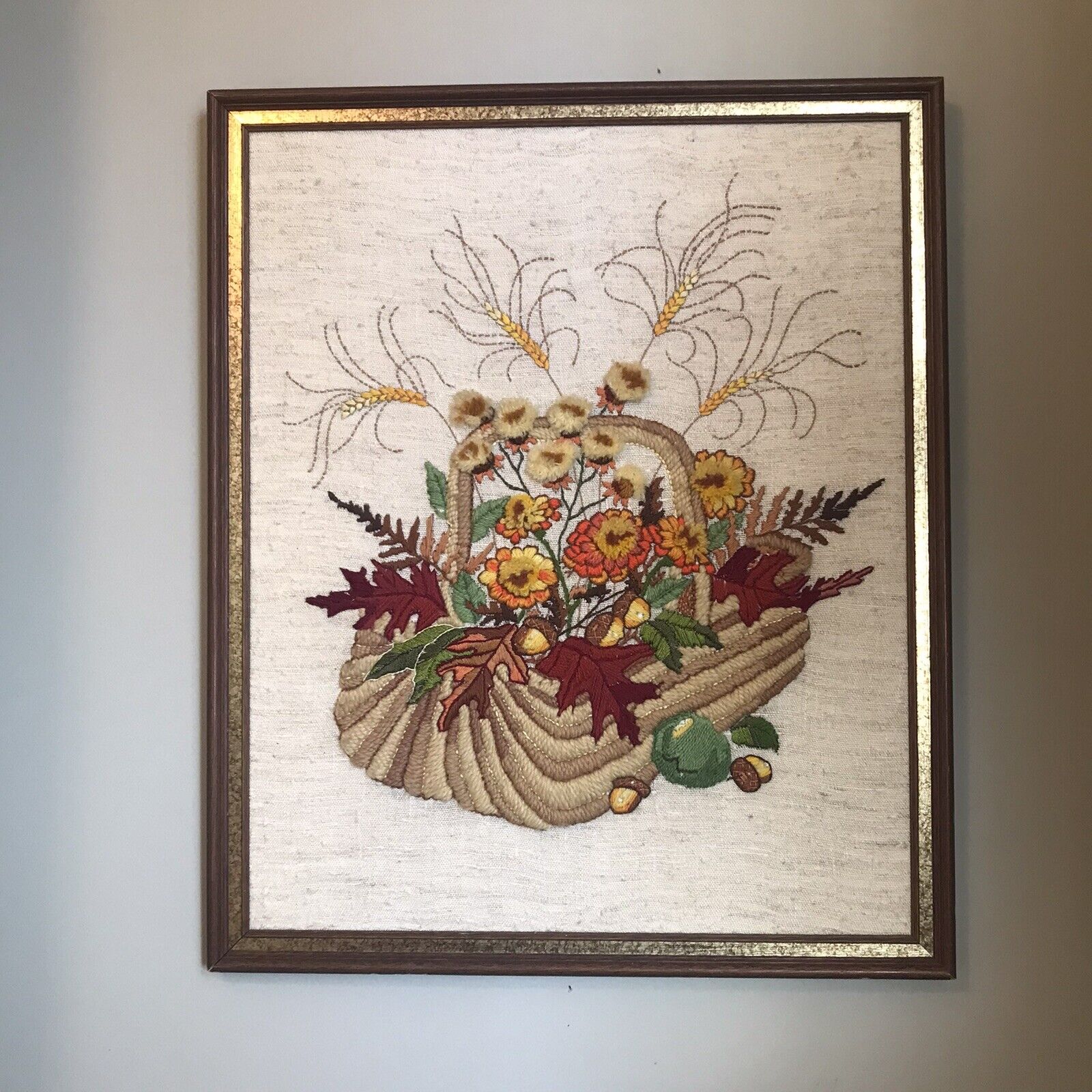 VINTAGE HAND EMBROIDERED PICTURE of Basket Flowers Fall Scene 20 X 24 Large