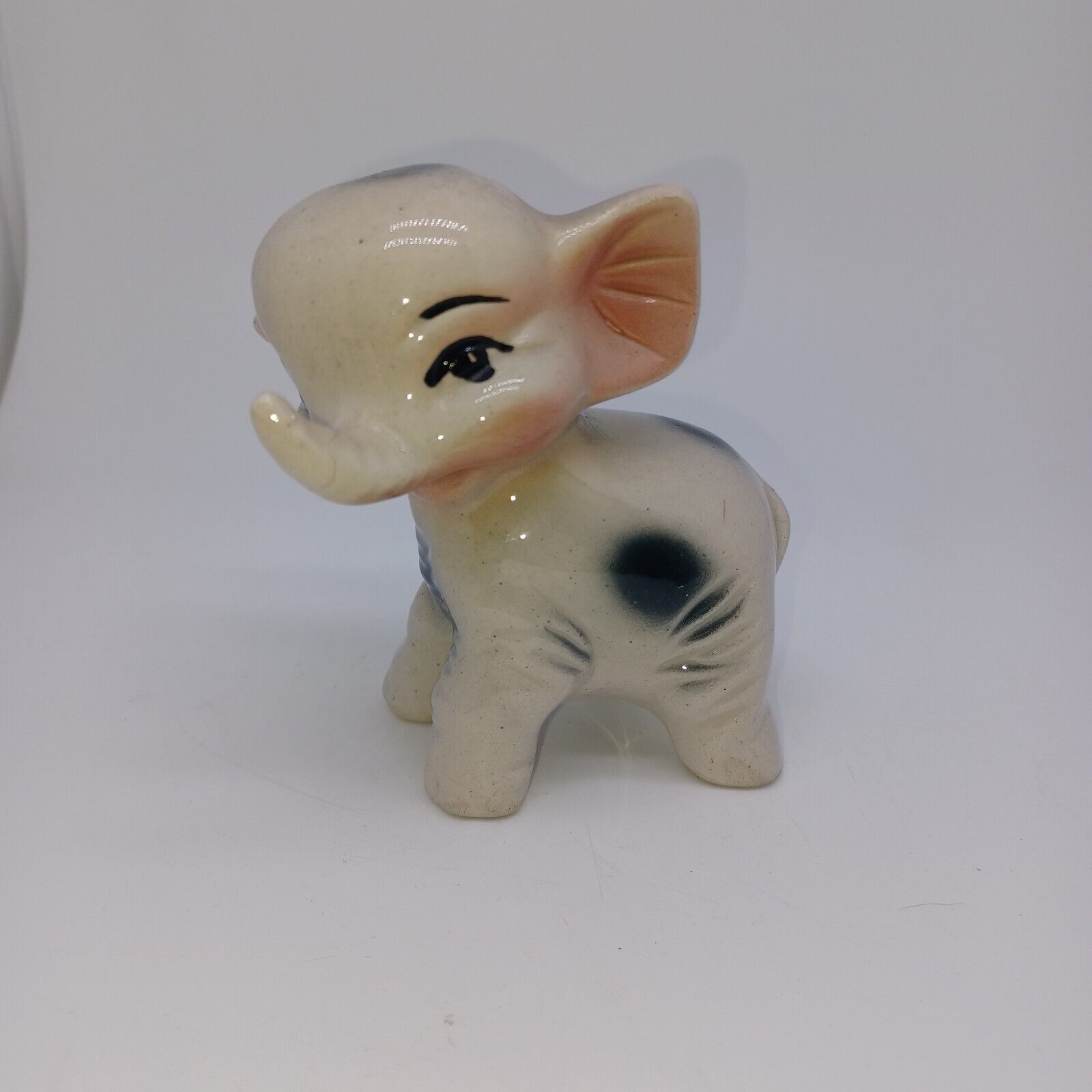 Vintage Ceramic Elephant Figurine Gray & Pink Whimsical Anthropomorphic Kitsch