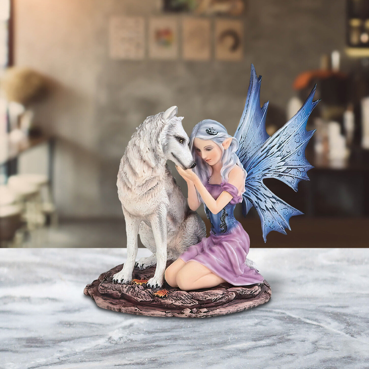 Fairy with Snow Wolf Statue 6.75