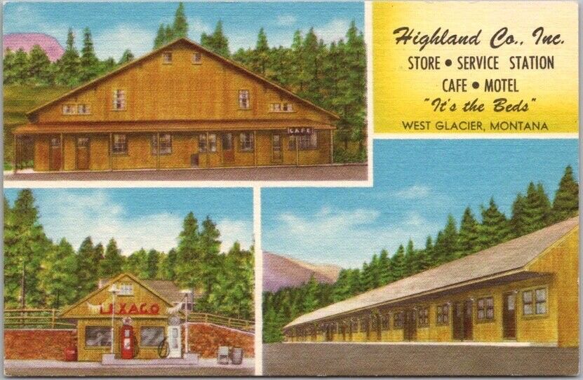 WEST GLACIER Montana Postcard HIGHLAND MOTEL Store & Texaco Gas Station / Linen