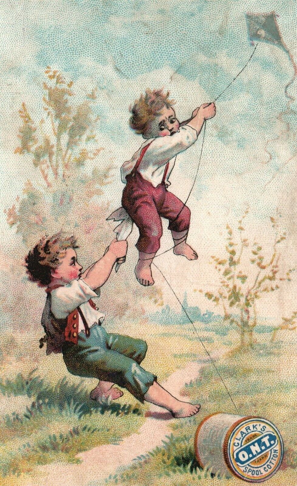 1880s-90s Clark\'s O.N.T Spool Cotton Two Boys Flying a Kite Sole Agent