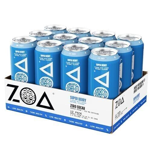 ZOA Zero Sugar Healthy Positive Energy Drink, Super Berry, 16oz (12 Pack)