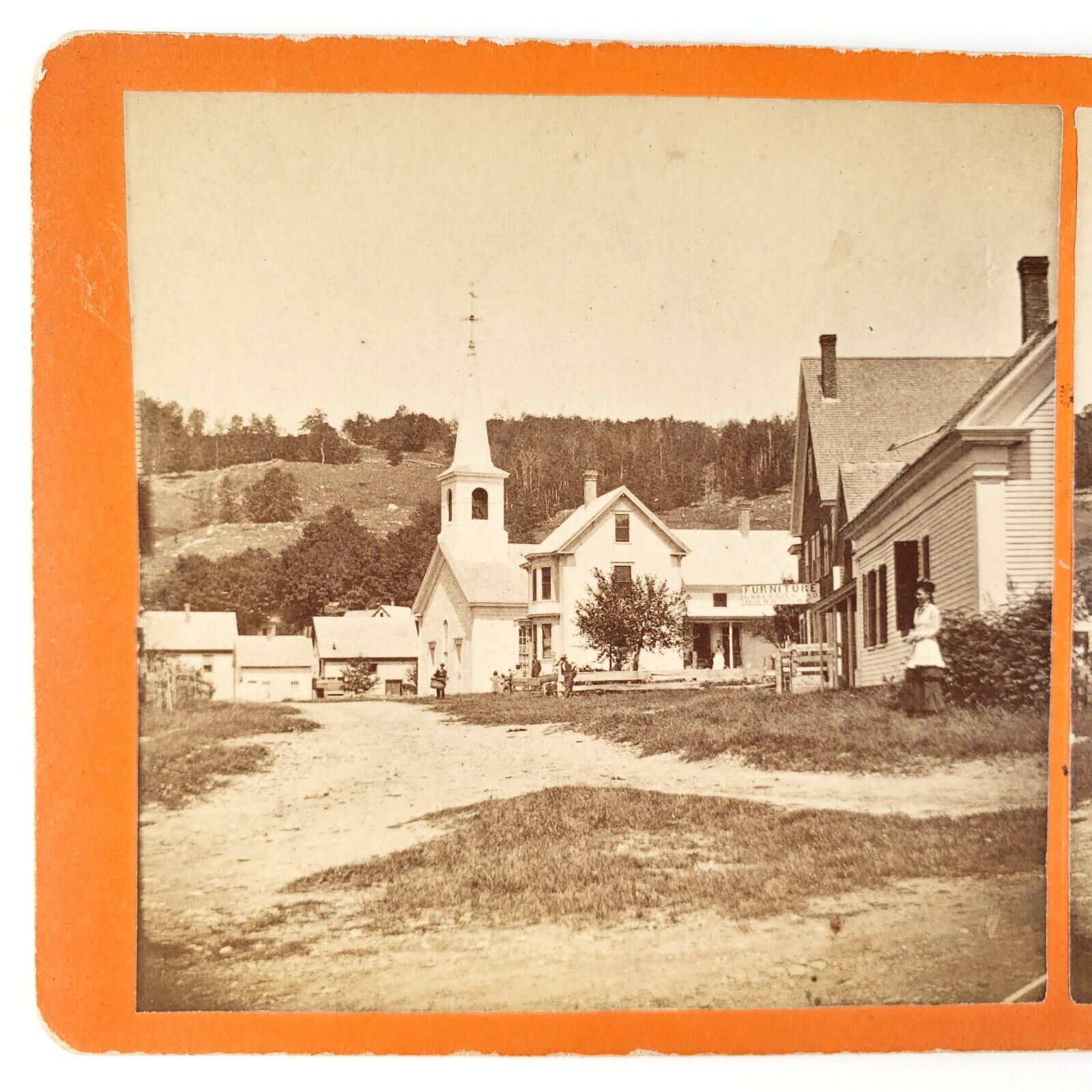 Unknown Mystery Town Church Stereoview c1865 Furniture Store Sign Street G789