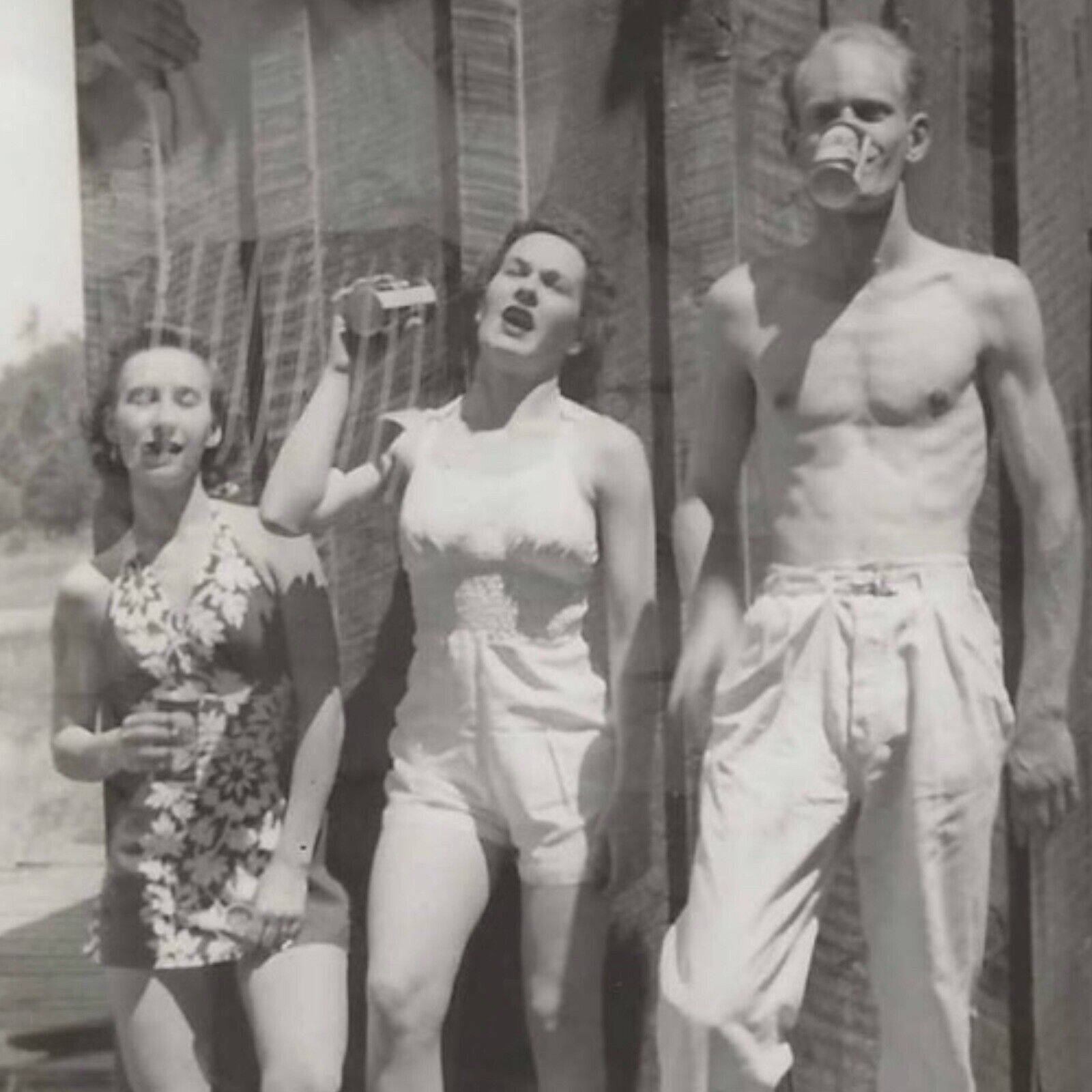Vintage Snapshot Doube Exposure Photo 1940s Muscular Man Women Swimsuit Drinking