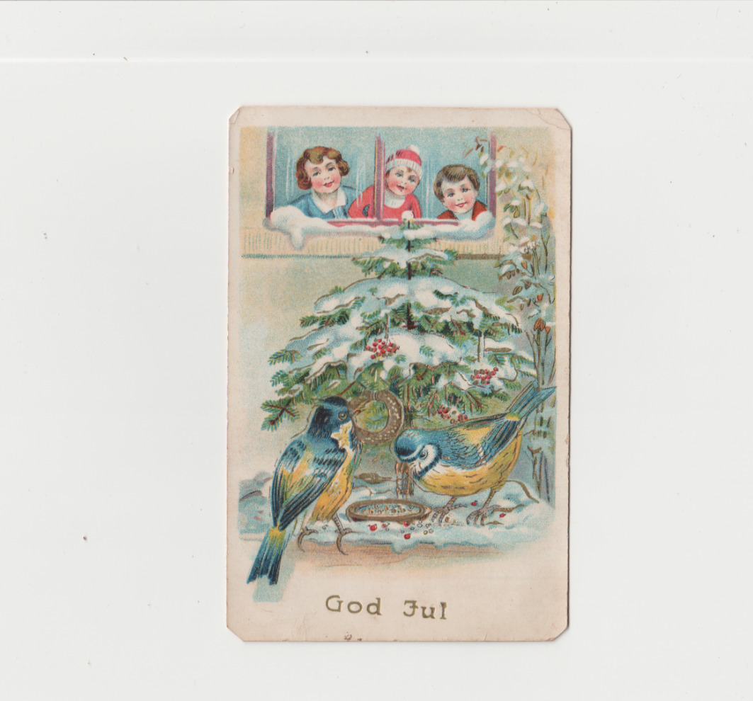 Vintage God Jul Post Card Christmas Children Birds Tree Snow Dated 1932