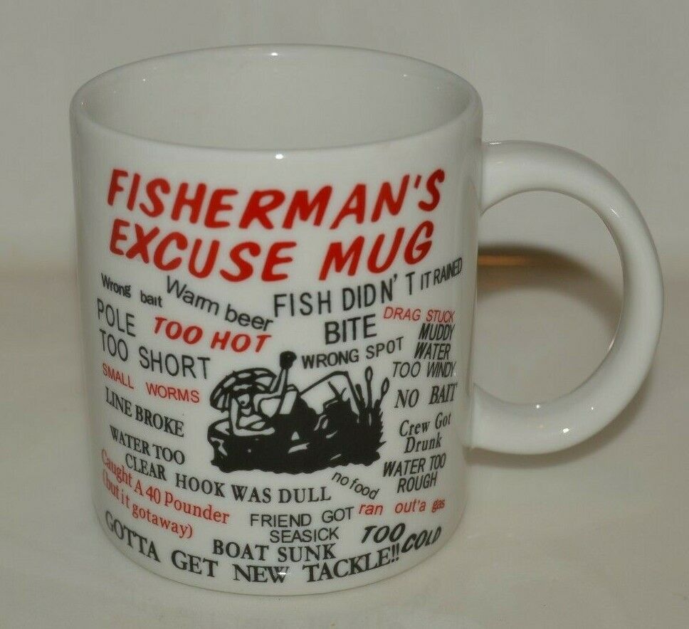 Vintage Fishermen's Excuse Mug Funny List Great Old FISHING Coffee Mug Rare
