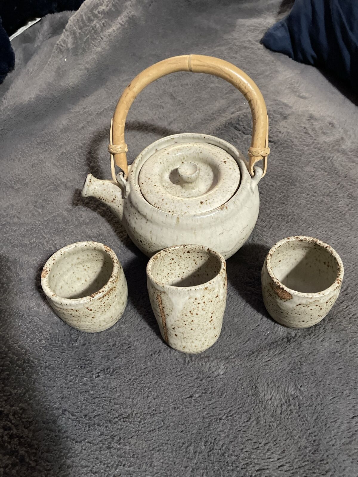 Super Cool Hand Made Stoneware Tea Pot Set With Bamboo Handle.