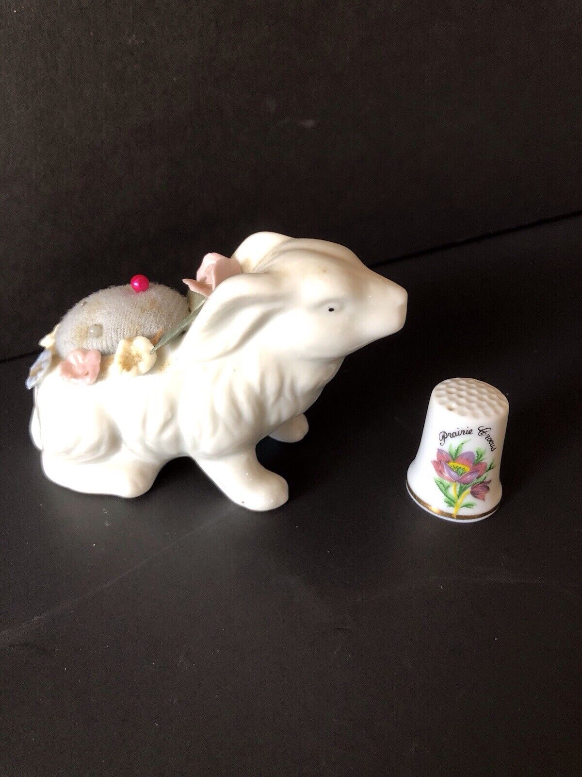 VTG Porcelain Rabbit With Flowers Hat Pin Cushion Ardco & Prairie Crocus Thimble