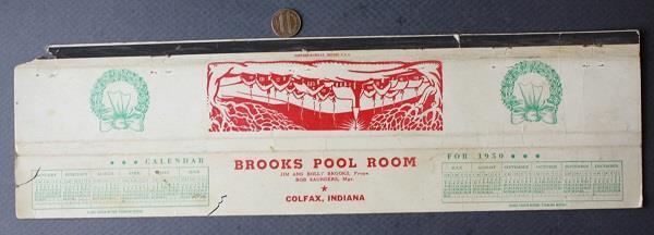 1950 Colfax Indiana Brooks Pool Room LONG matchbook with calendar Billiards-----