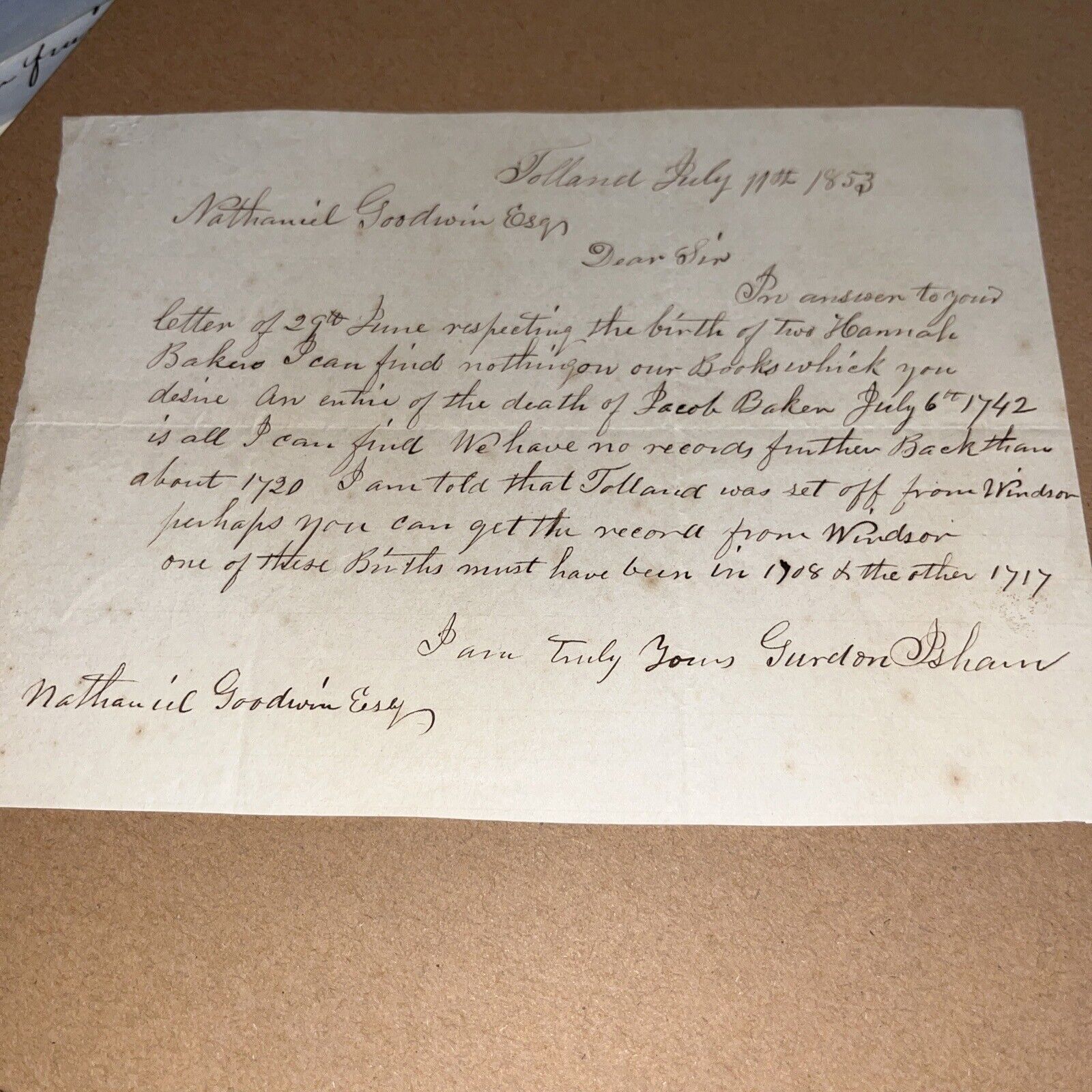 1853 Letter to Famous Hartford Genealogist: Formation of Tolland CT from Windsor