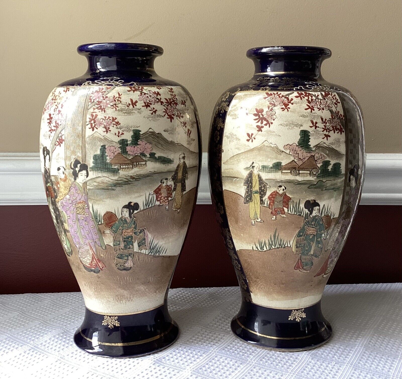 Pair of Vintage/Antique Japanese Cobalt Porcelain Satsuma Vases, 12 3/4