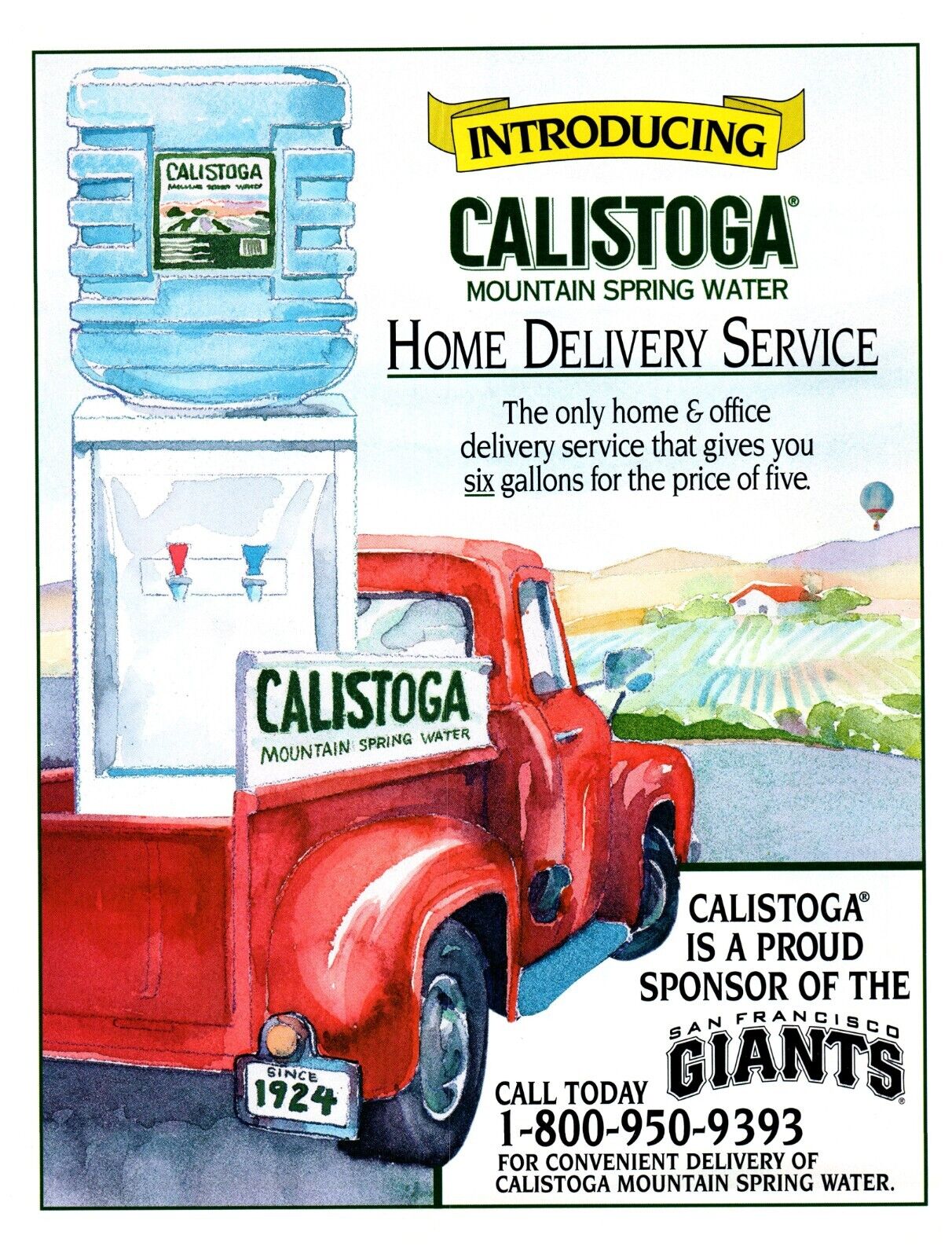 1995 Calistoga Mountain Spring Water Print Ad, Home Delivery Vintage Truck Art