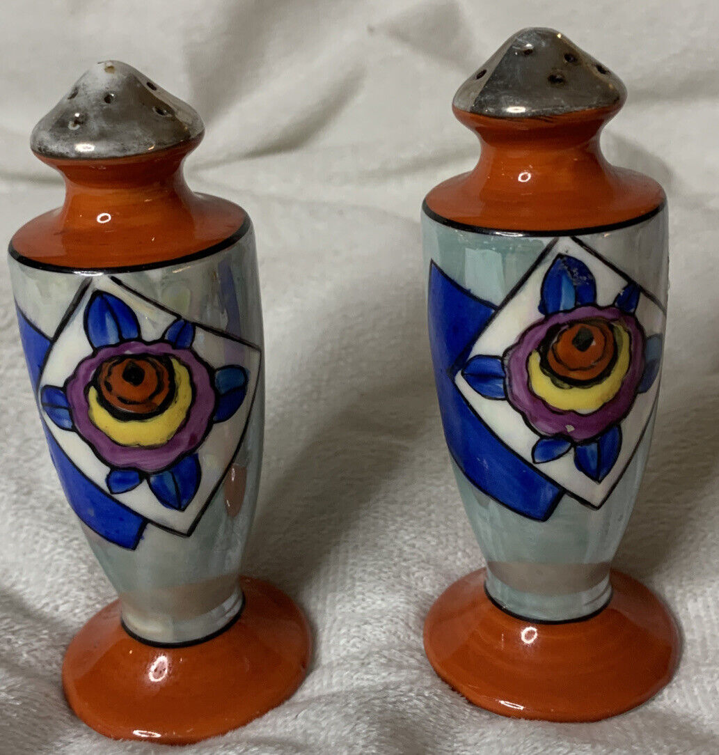 Vtg Lusterware Salt and Pepper Art Deco Shakers From Japan hand painted floral