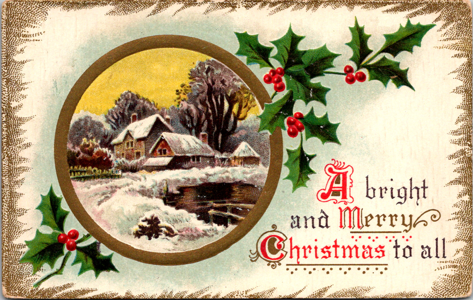Vintage C. 1910 A Bright And Merry Christmas To All Snow Home Pond Postcard MA