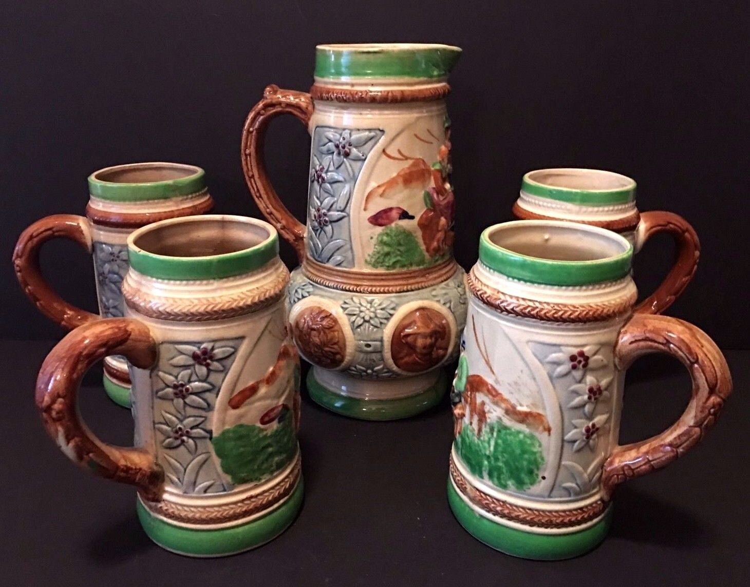 Vintage German Style Ceramic Pitcher and 4 Large Matching Steins-Made in Japan