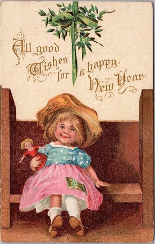Vintage HAPPY NEW YEAR Postcard Girl under Mistletoe / Artist-Signed CLAPSADDLE