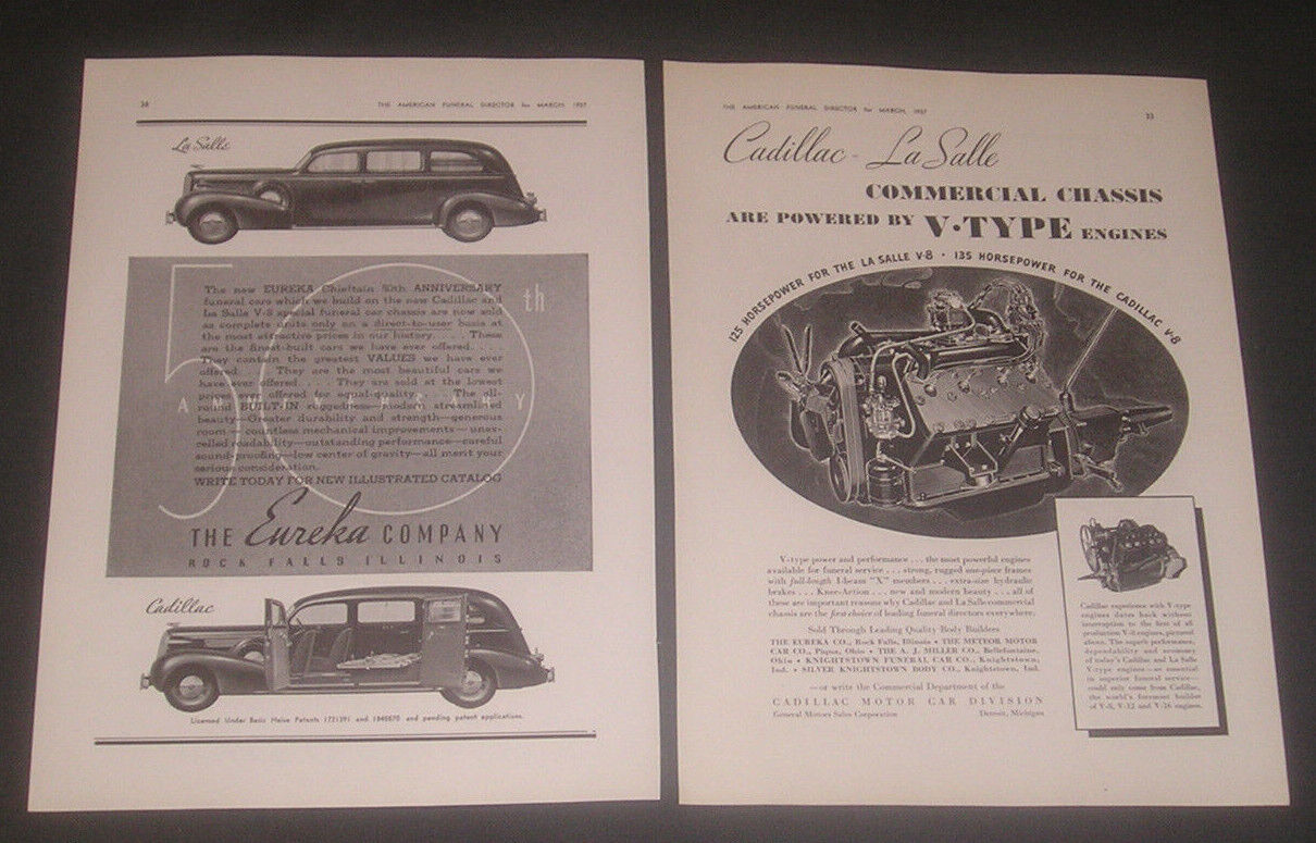 1937 Cadillac La Salle Funeral Car / Hearse & V-8 Engine Photo, 2 Vintage Ads  