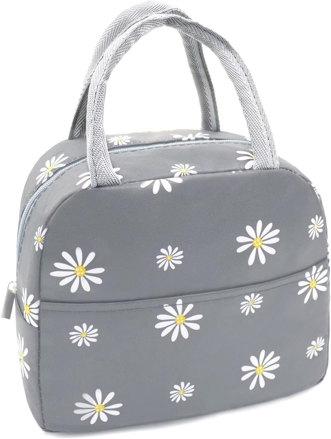 Sonuimy Insulated Lunch Bag Women Girls, Reusable Cute Grey with White Daisy 