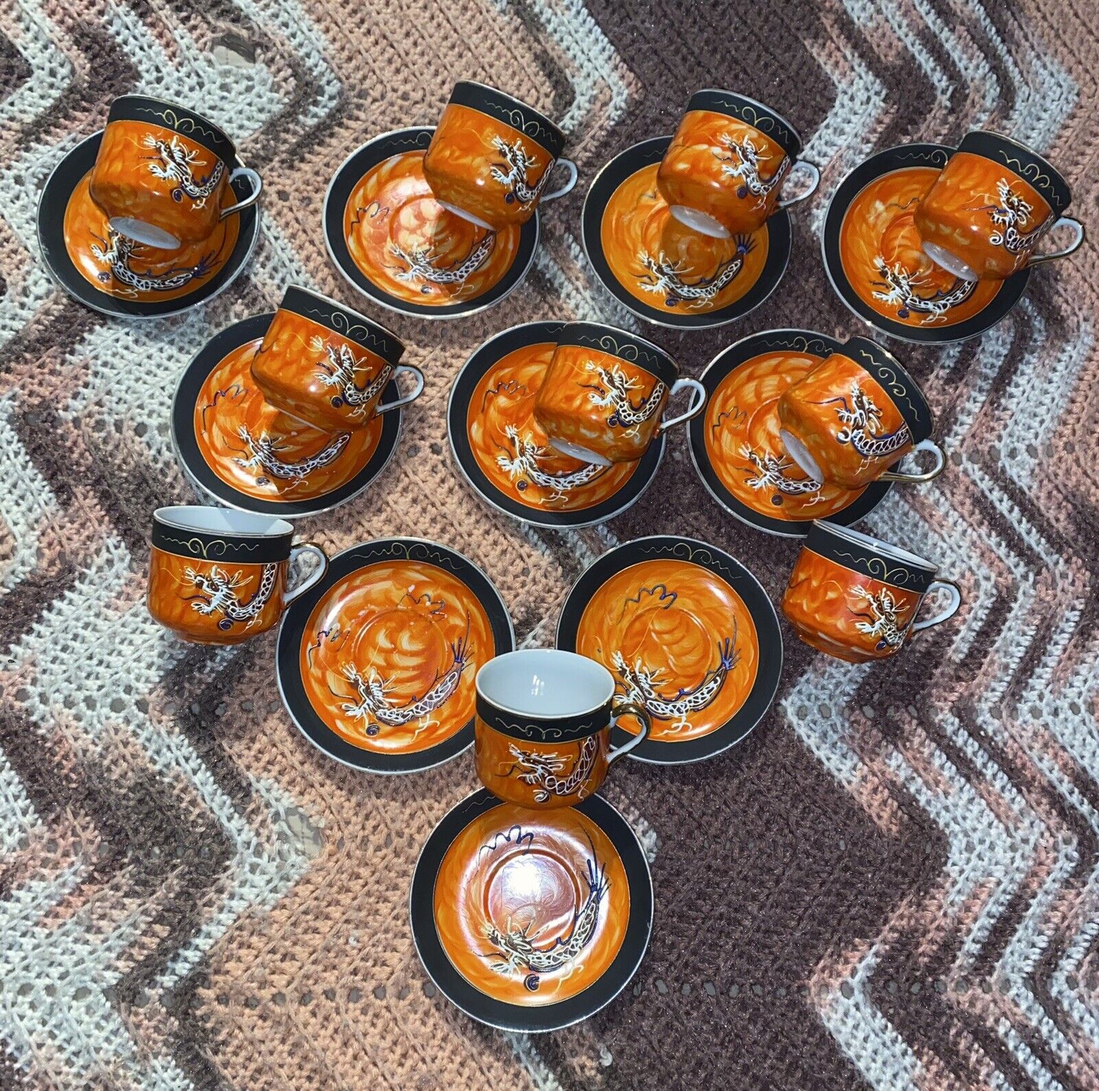Antique Dragon Tea Cup & Saucer Set Orange With Geisha Inlay 10 Cups 10 Saucers