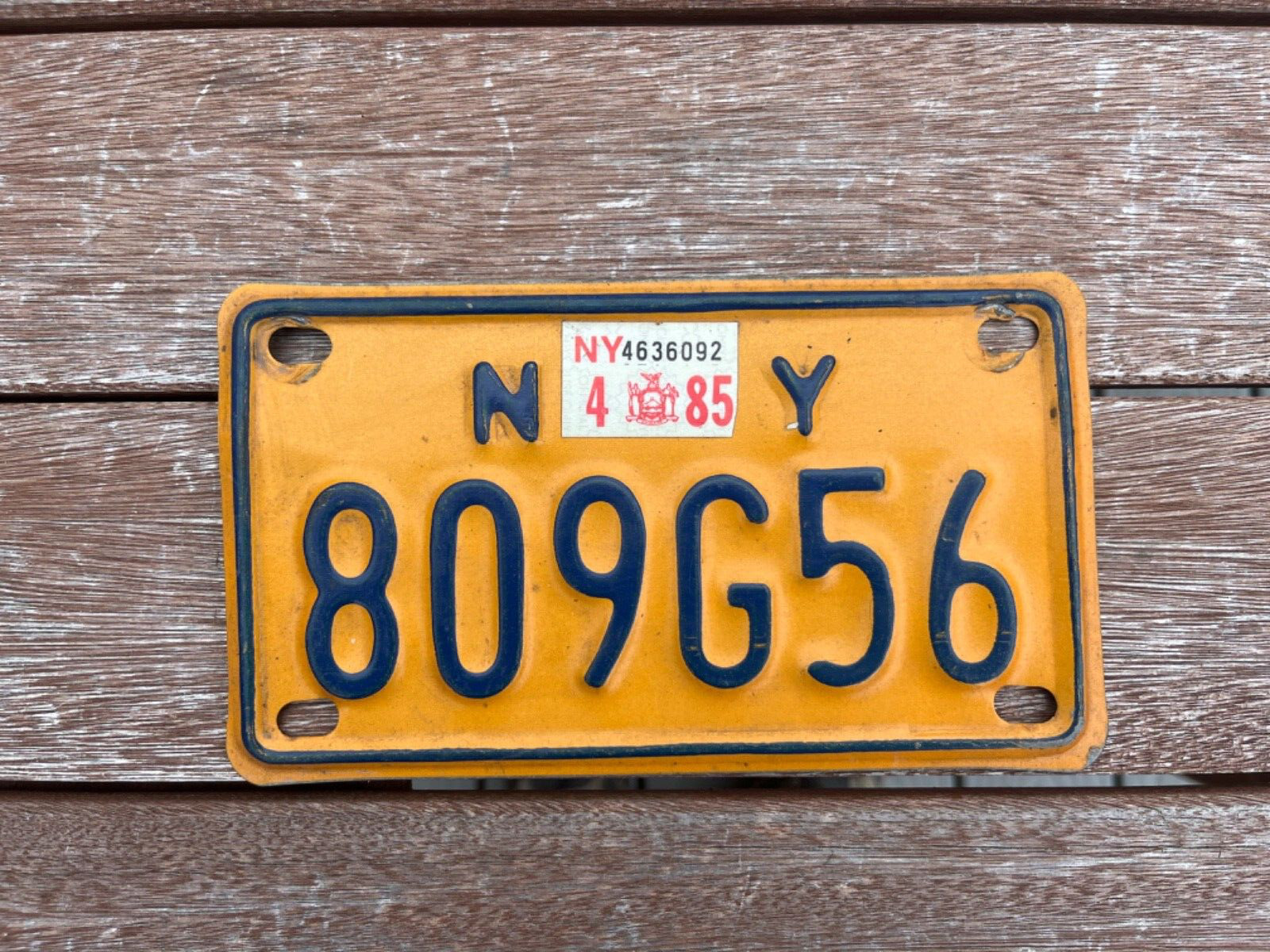 1985 New York Motorcycle License Plate 809G56
