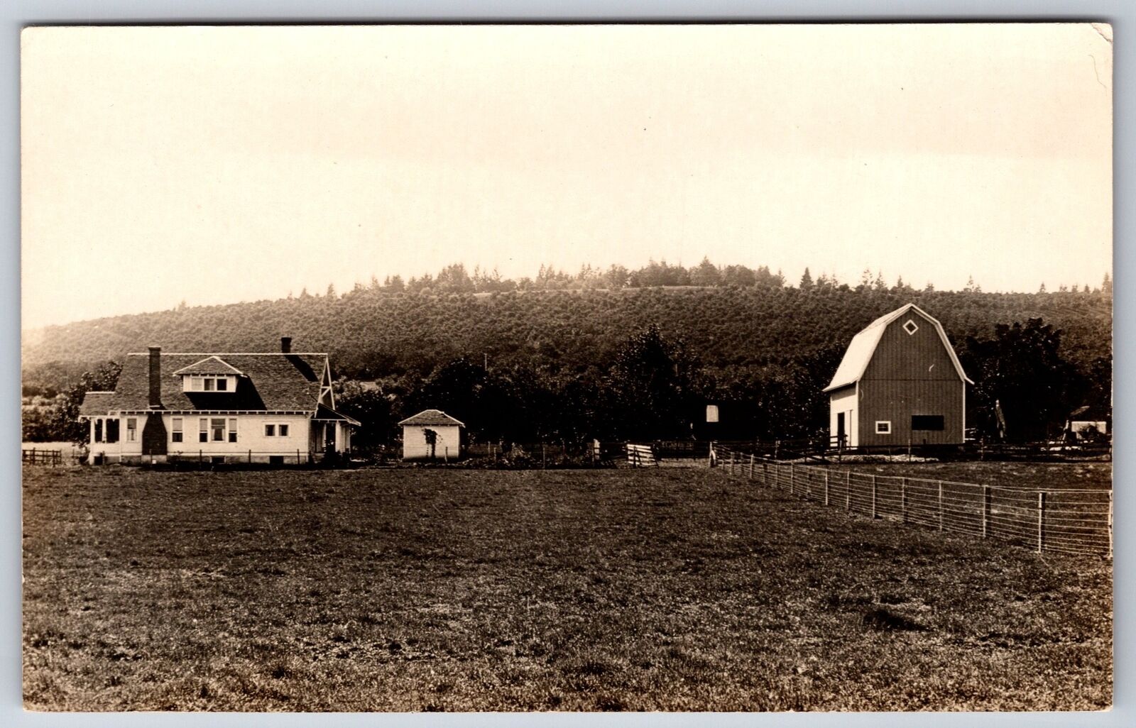 RPPC~Farm House & Barn Near Hill W/ Fenced Area Scenery~Real Photo Postcard