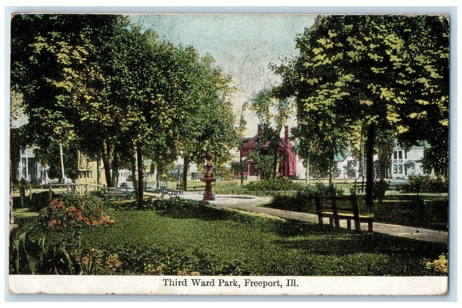 1909 Third Ward Park Trees Fountain Scene Freeport Illinois IL Posted Postcard