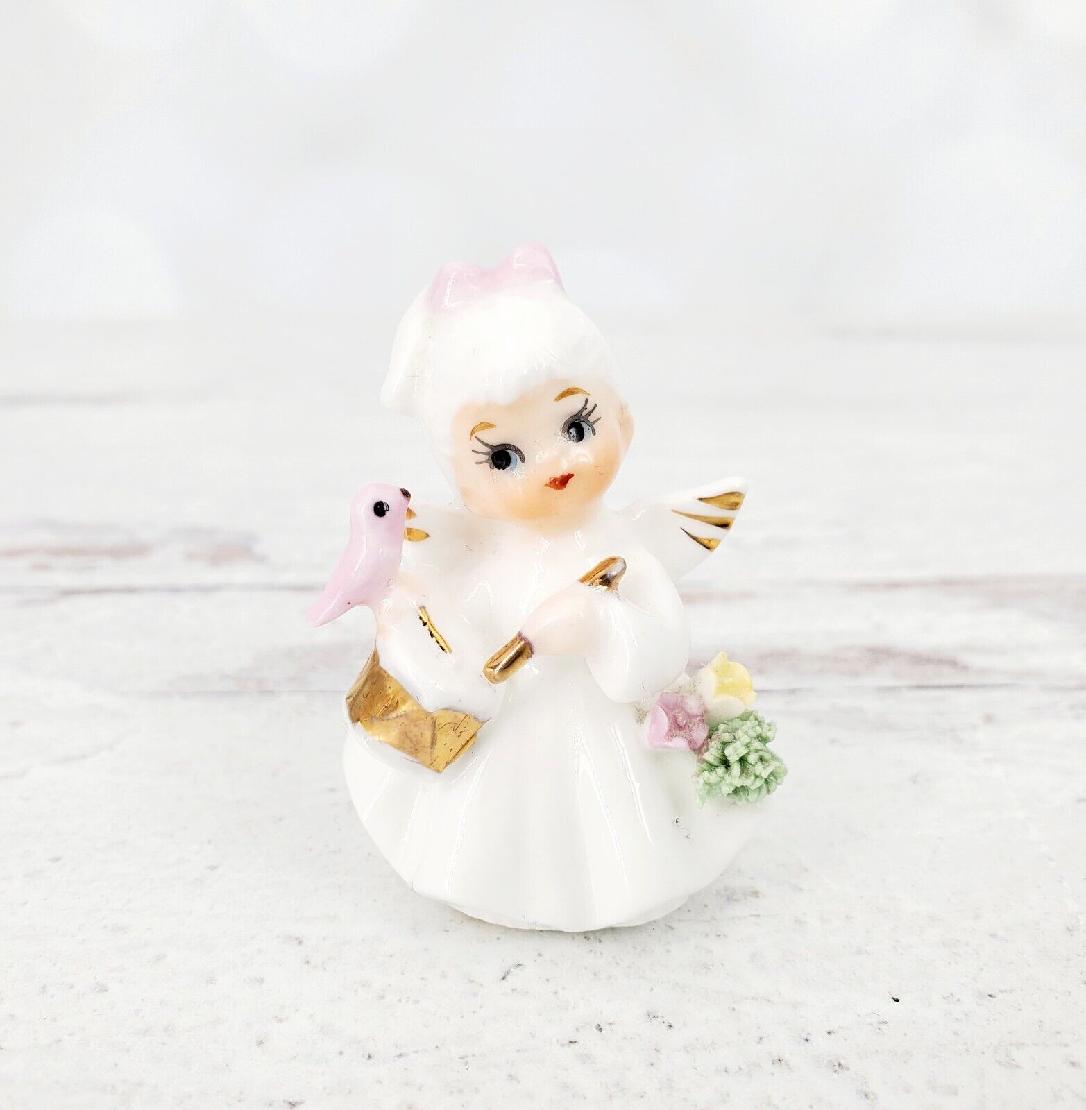 Vintage Napcoware Miniature Bone China Angel with Drum and Pink Bird Figurine 2\