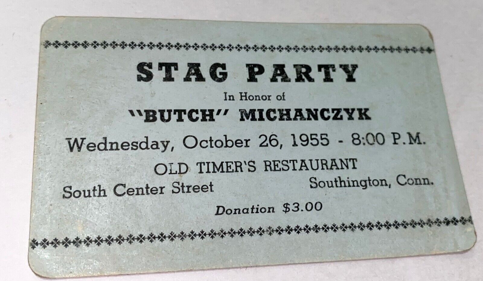 Vintage Stag Party Butch Michanczyk Southington CT Old Timers Restaurant Card