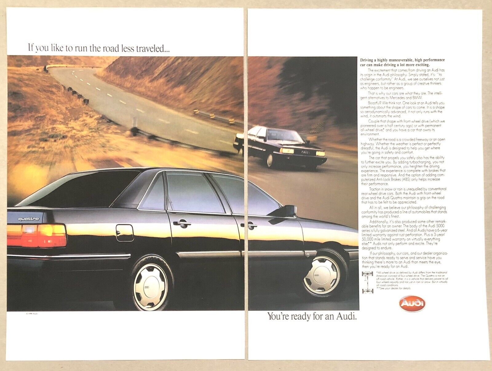 Vintage 1986 Original Print Advertisement Two Page - Audi Less Traveled