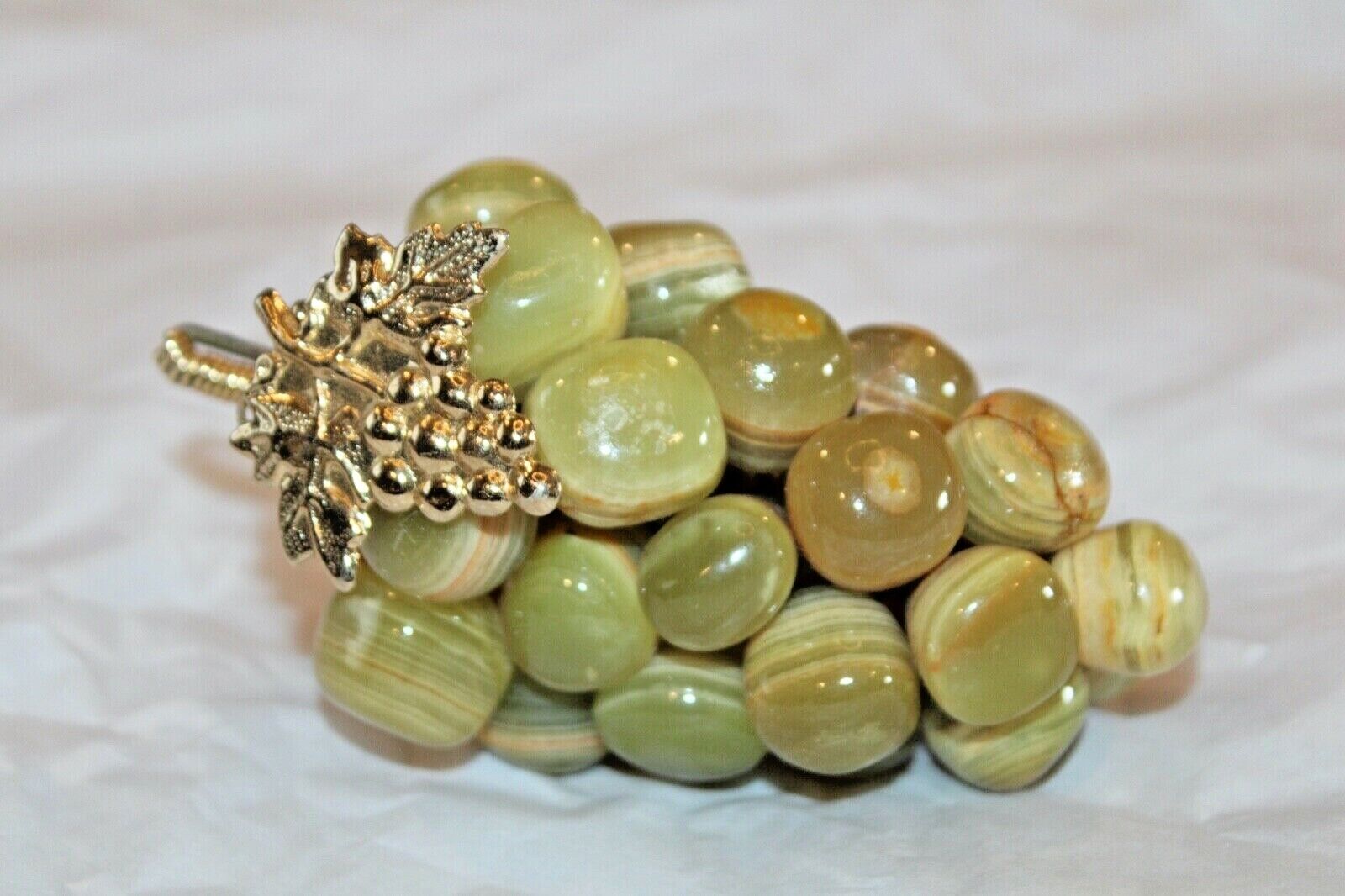 Vintage Grape Cluster Mid Century Gem Polished Stone W/Gold Leaf Green Tan Tones