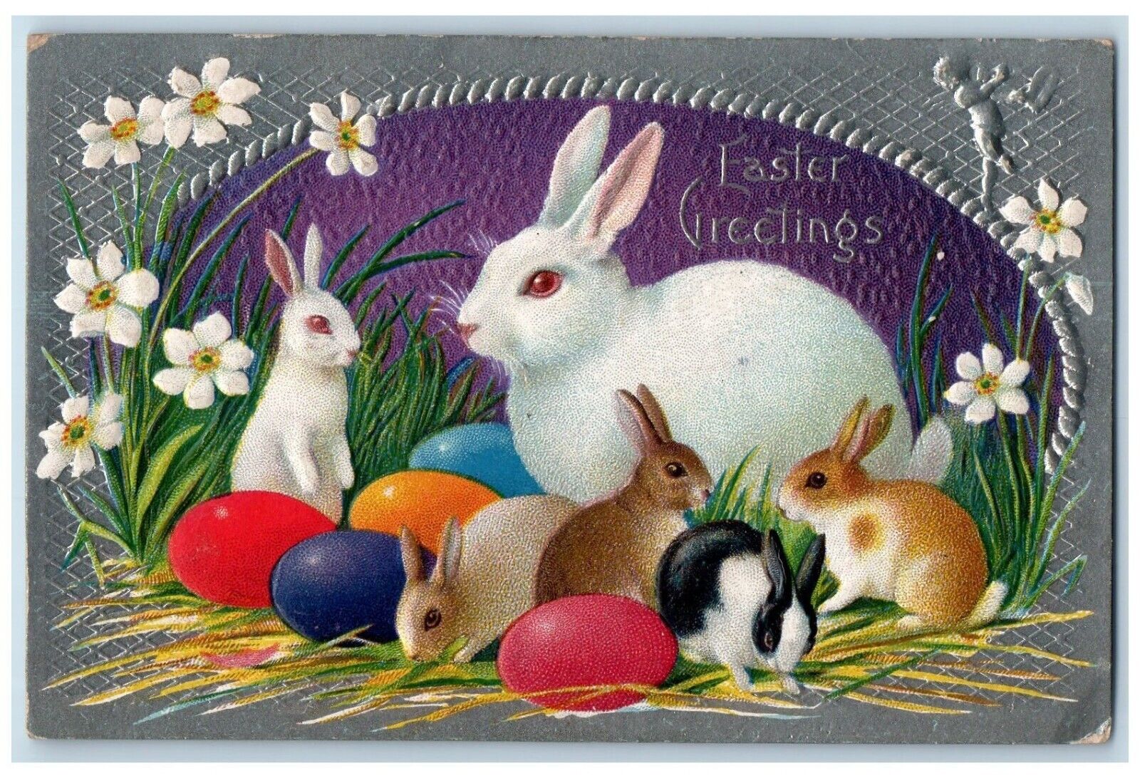 c1910's Easter Greetings Bunny Rabbit Eggs Pansies Embossed Posted Postcard