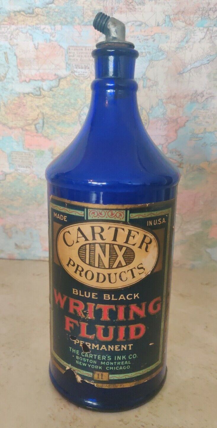 Vintage Carter's Writing Fluid Fountain Pen Blue Black 32 oz Bottle Empty A2