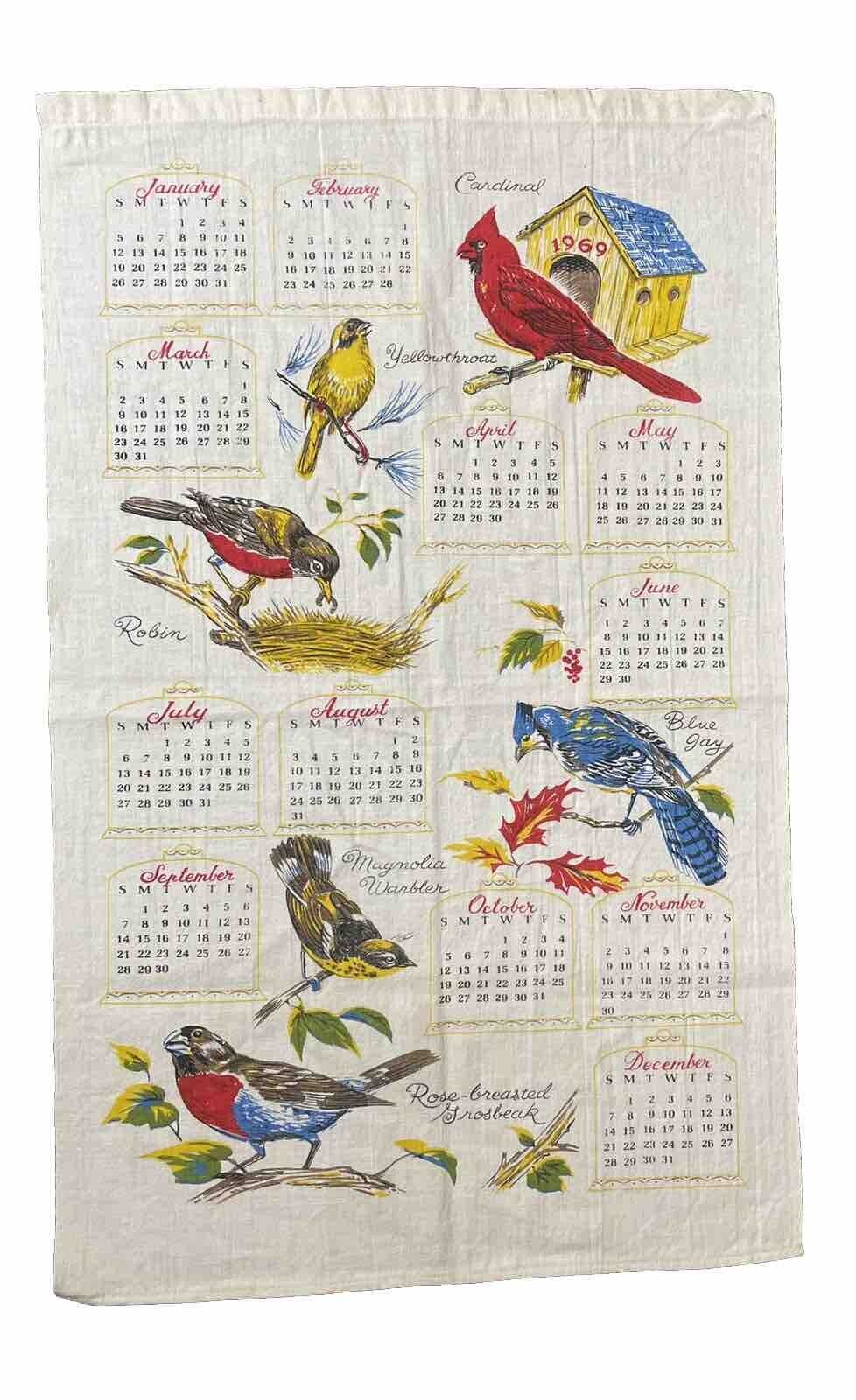 VTG 1969 Wall Cloth Calendar Kitchen Various Birds Cardinal Warbler Grosbeak