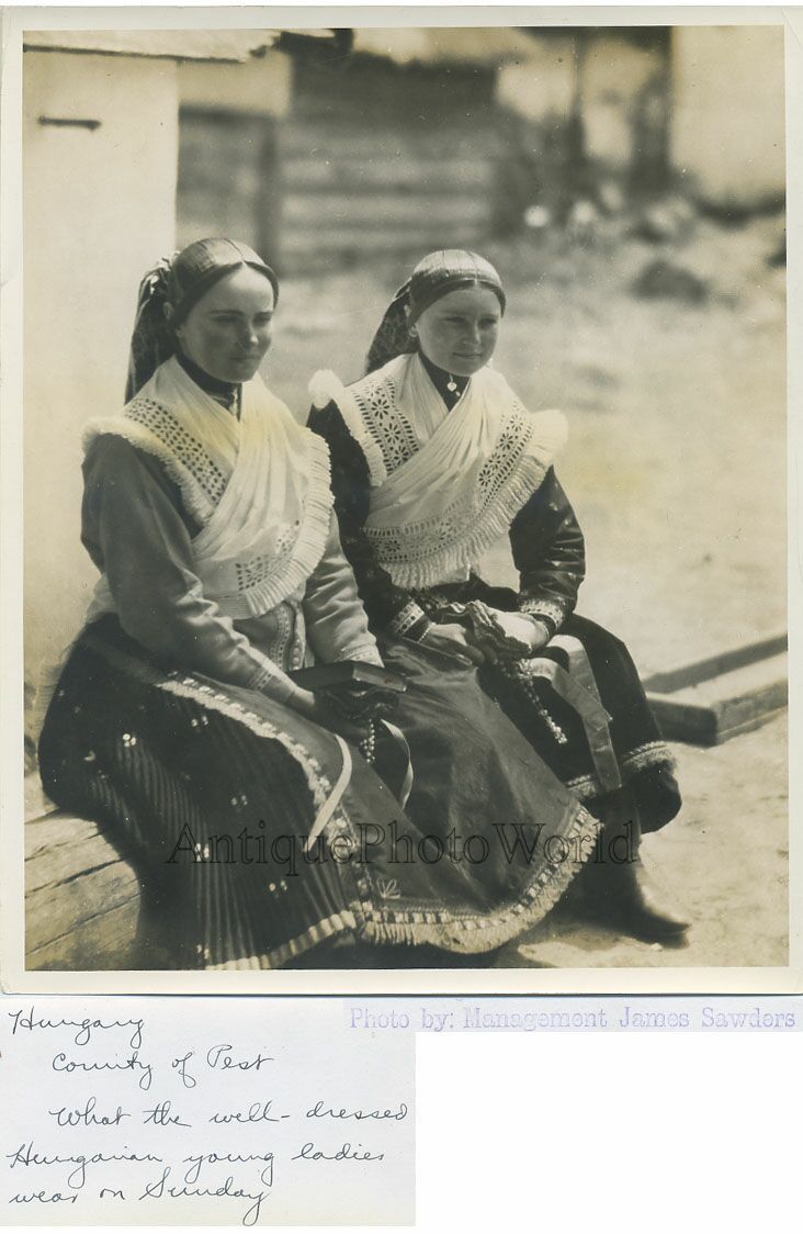 Hungary beautiful women in ethnic dress antique photo