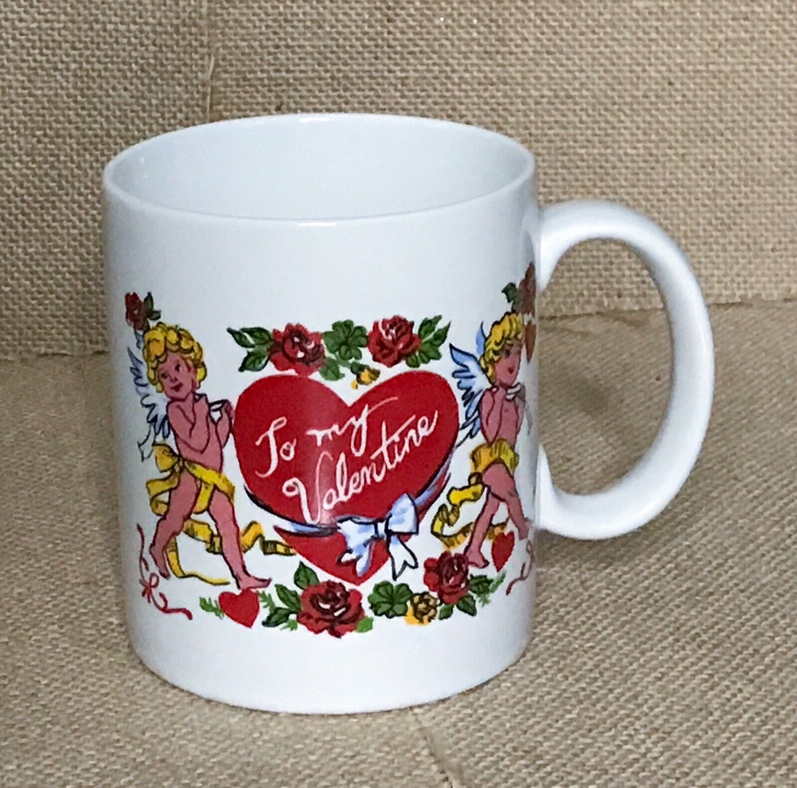 Vintage Kitschy Cupid Carrying Heart Be My Valentine Coffee Mug Cup