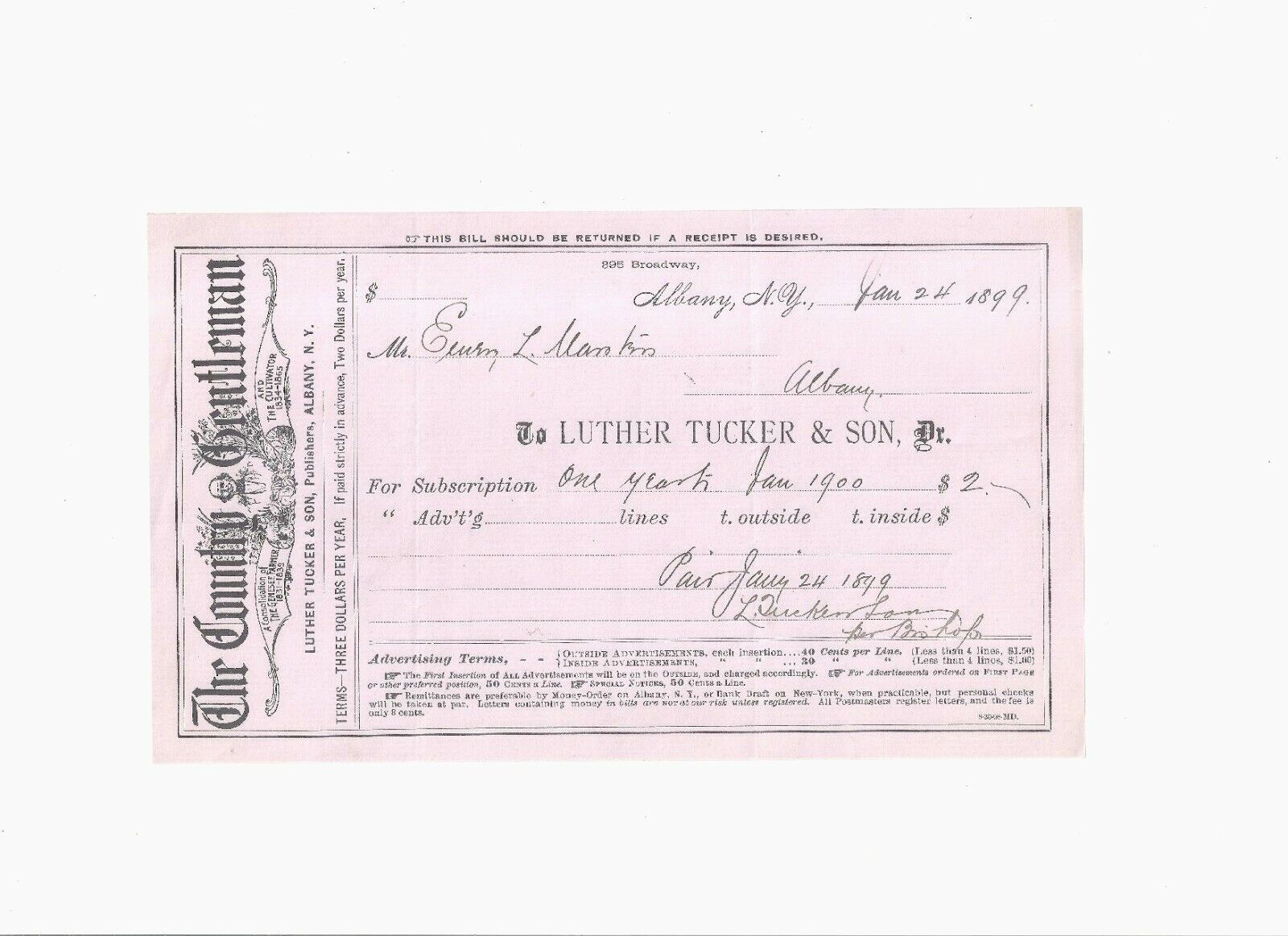 Antique 1899 THE COUNTY GENTLEMAN Receipt, Albany, NY...NICE