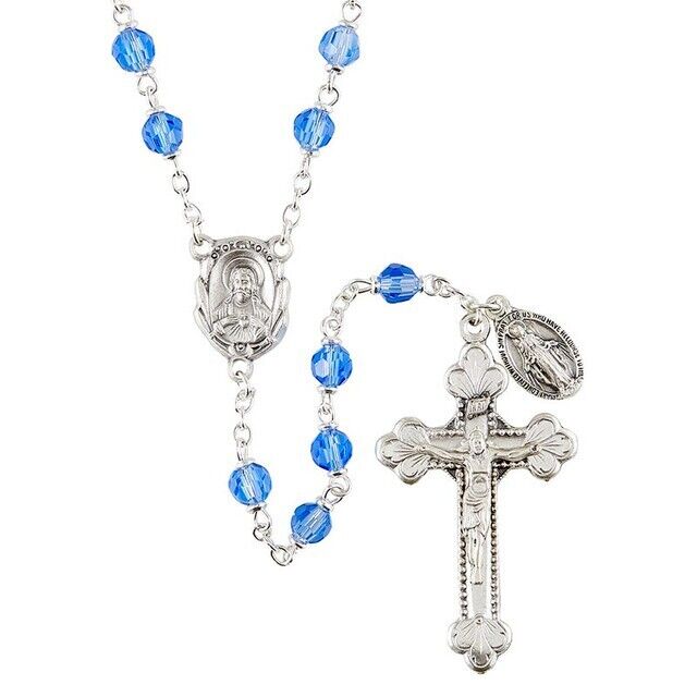 Creed Italian Crystal Rosary - 6mm Cielo Blue Beads Sacred Heart Center MM Medal