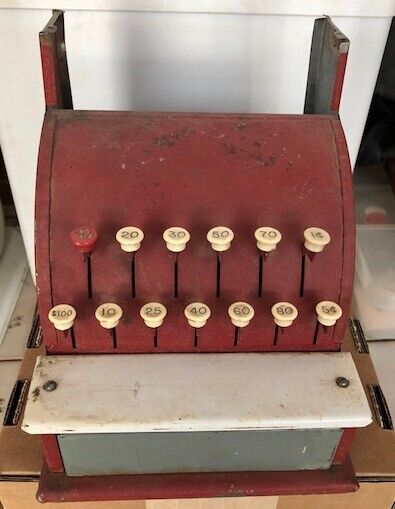 Vintage Cash Register Toy Tom Thumb Child\'s Red Metal Grocery Store Playtime 