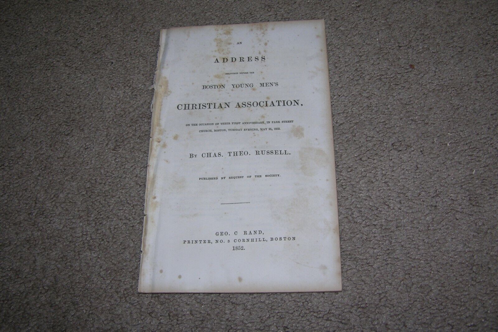 1852 Address Boston Young Man\'s Christian Association YMCA, Charles Russell