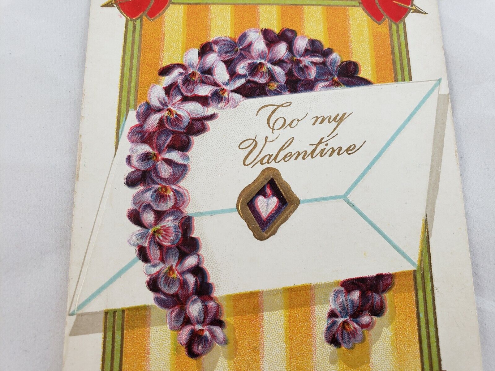 C 1914 To My Valentine Letter Purple Embossed Flower Horseshoe Winsch Postcard