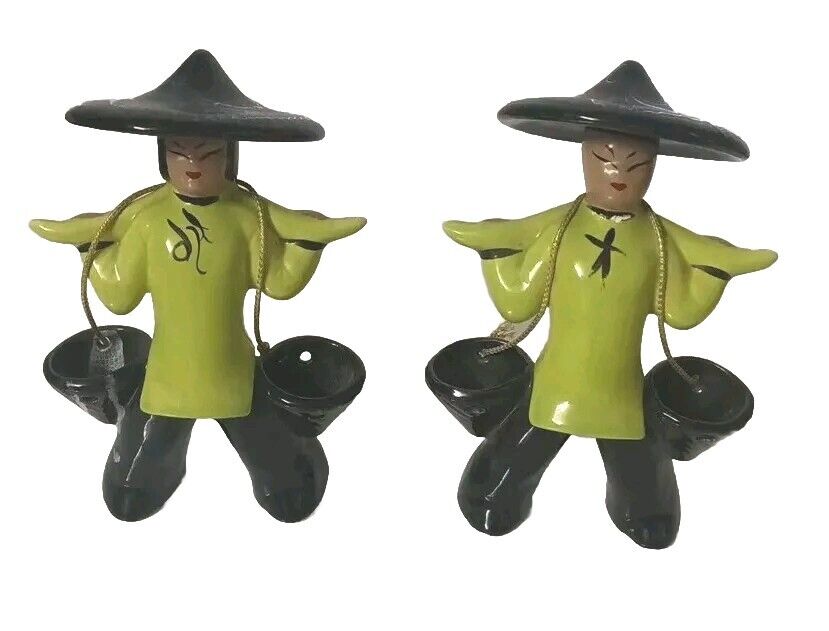Vintage Pair of Ceramic MCM Asian Man and Woman Figurines Carrying Water Buckets