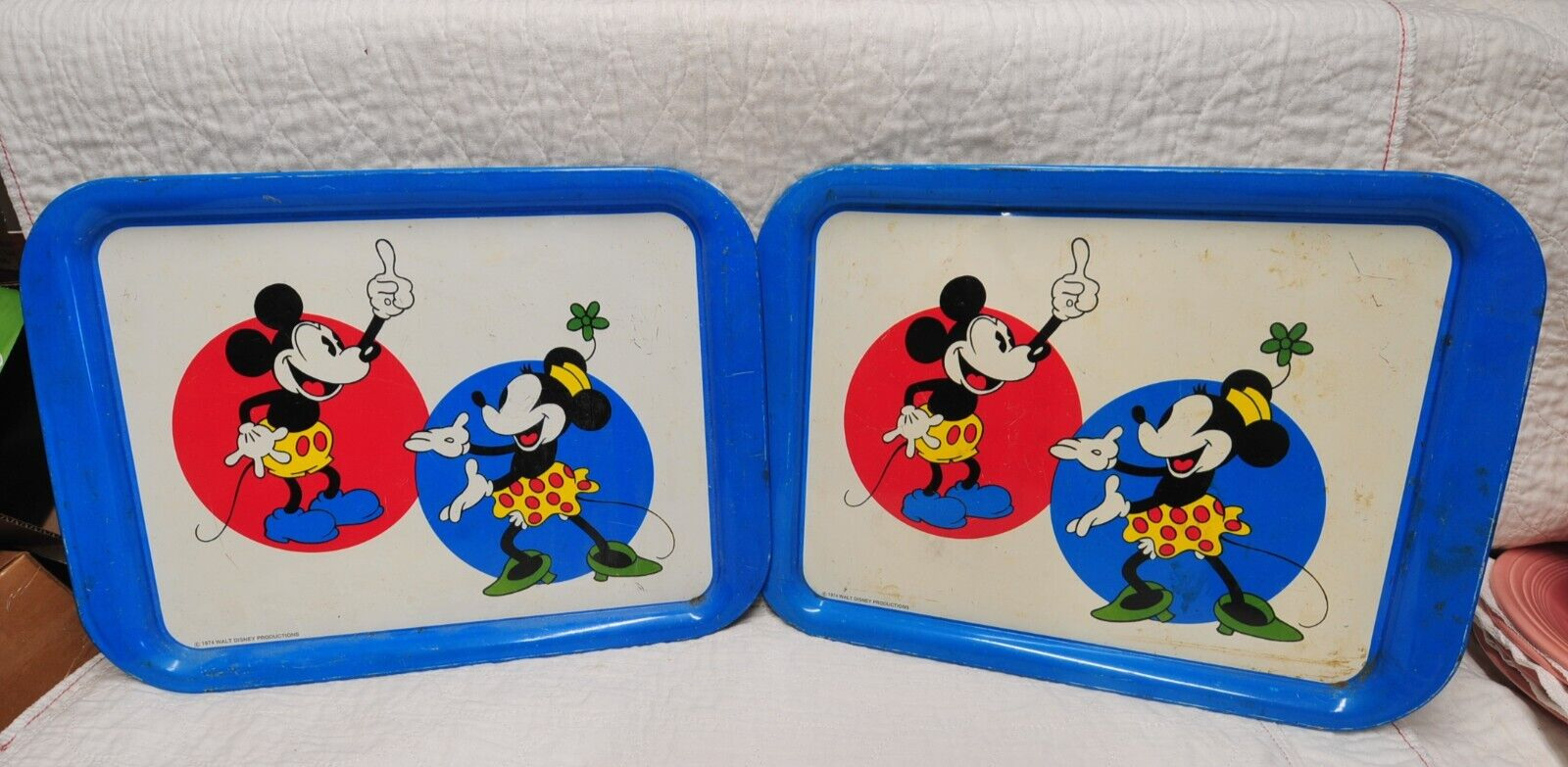 2 ea. Vintage 1974 Mickey Mouse And Minnie Mouse Walt Disney Metal Serving Tray