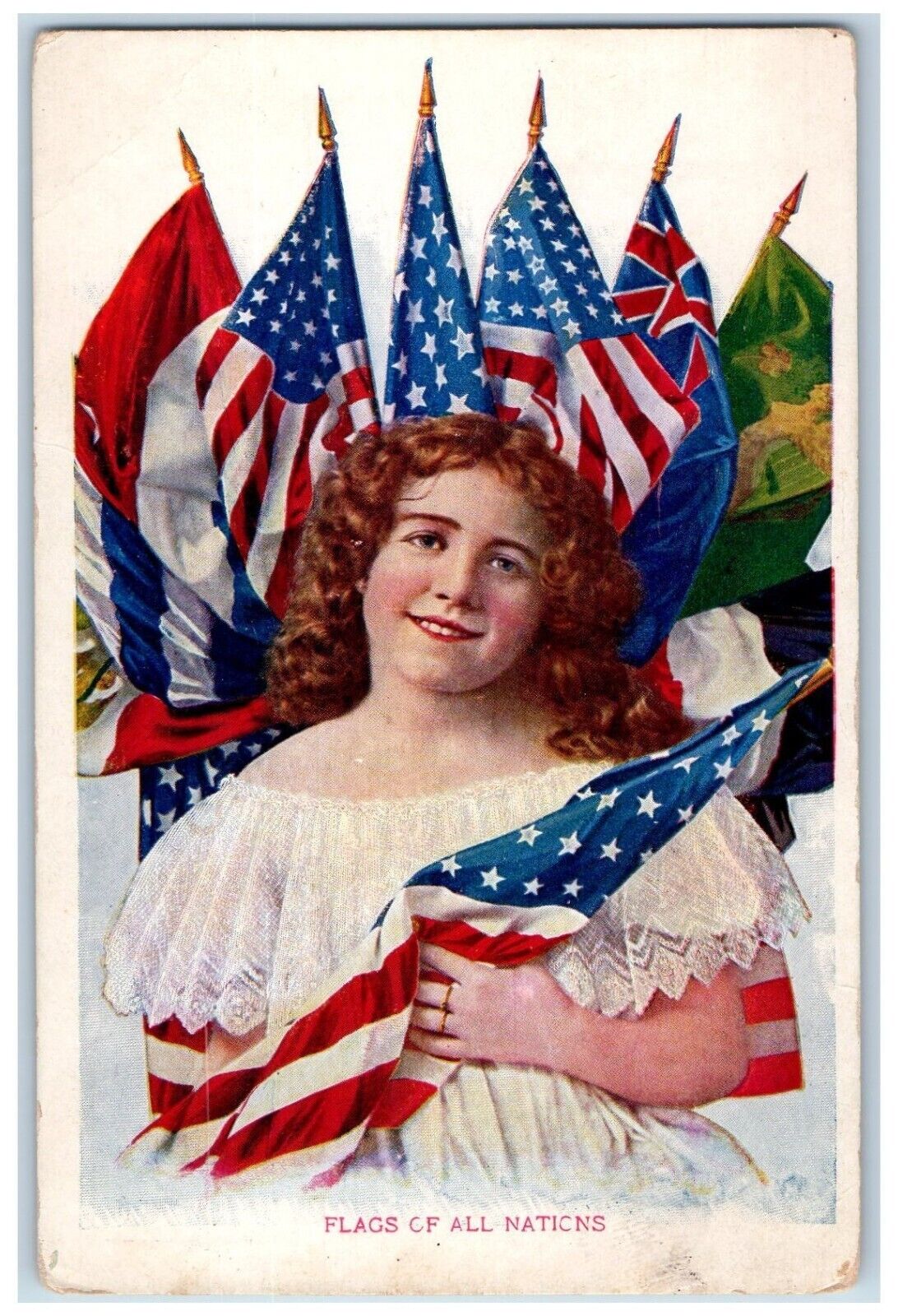 c1910's Girl Curly Hair Patriotic Flag Of All Nations Unposted Antique Postcard