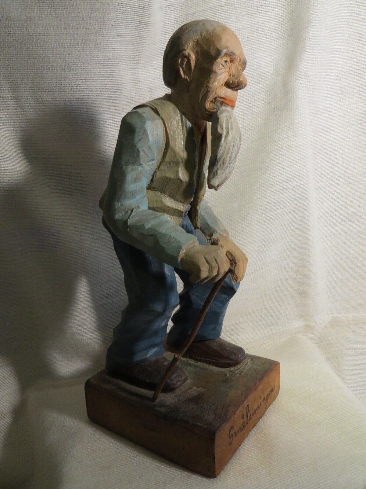 Vtg. Swedish Folk Art Old Man w/ Cane Wood Carving 9 1/4\
