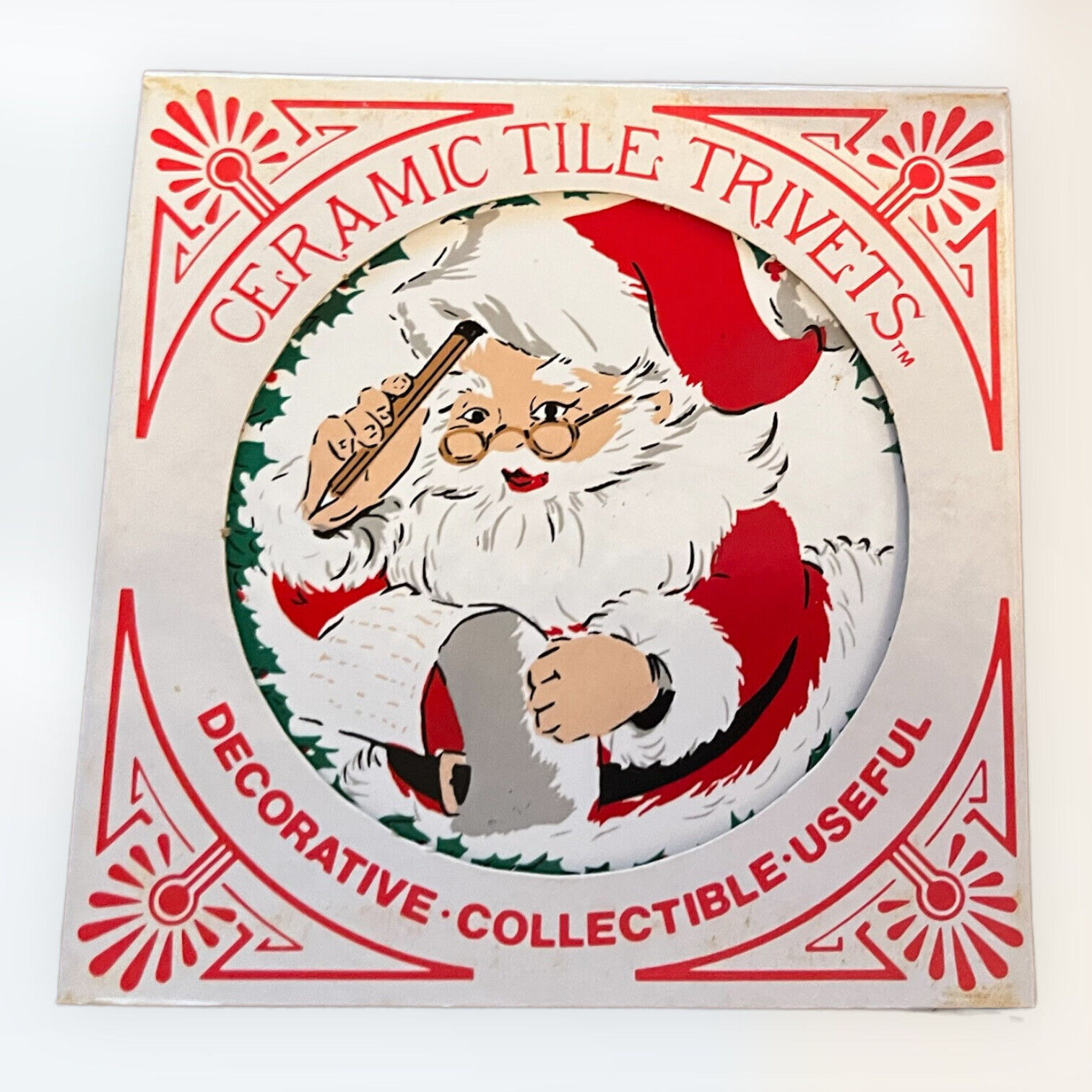 Vintage 1982 Jasco Christmas Trivets Santa and List Set of 2