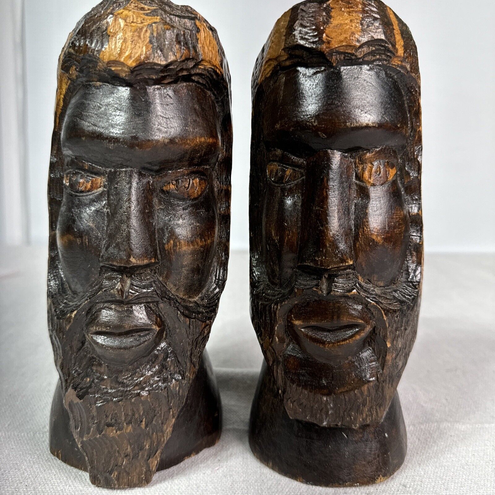Vintage Tribal Folk Art Hand Carved Wood Face Head Bust Figurines 9”tall