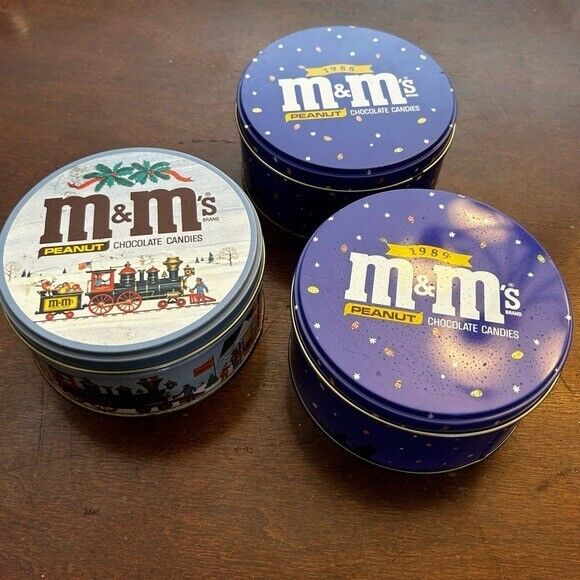 3 M&M’s Chocolate Candies 1988 Star in Night Tin Cans 2 blue 1 holiday